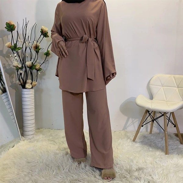 Eid Mubarak Kaftan Dubai Abaya Turkiet Muslimsk mode Hijab Klänning Sets Islam Kläder Abayas För Kvinnor Musulman Ensembles De Mode Dark Pink Set XL
