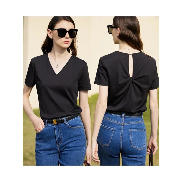 Minimalism 100% Bomull Ihålig Solid Kortärmad T-shirt 2023 Sommar Ny V-ringad Topp Dam Casual Kvinnlig T-shirt 12342289 black L