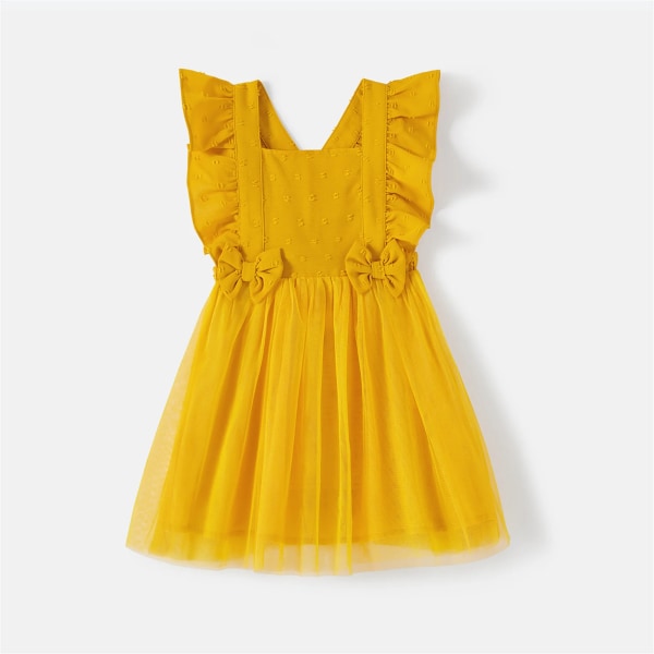 Familjematchande outfits 100 % bomull Gula rutiga skjortor och solid surplicerad hals med volangärm Självknyta klänningar Yellow Women M