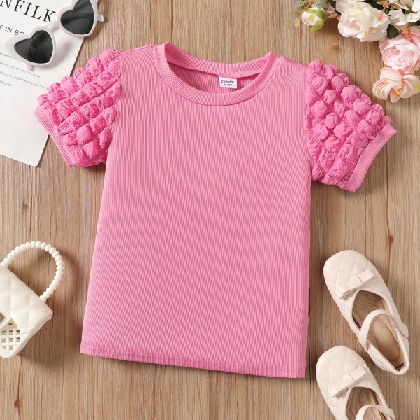 Kid Girl Textured Puff Sleeve Top Pink 9-10Years