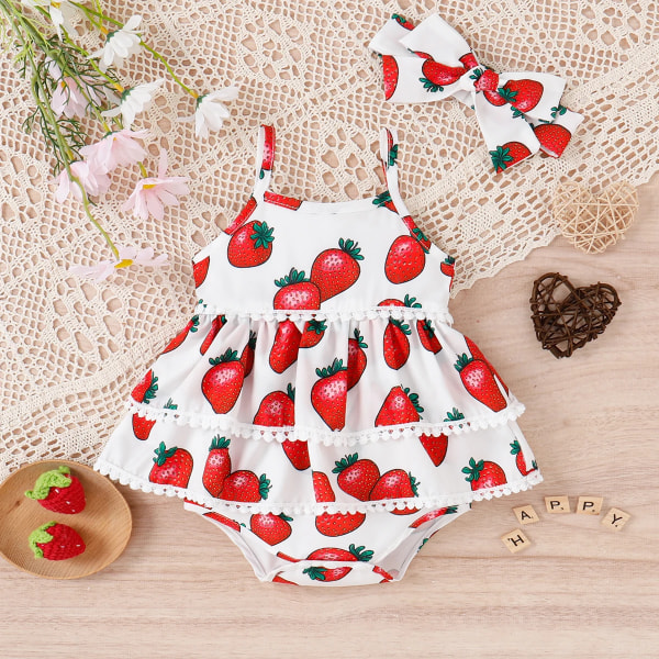 2st Baby Girl Allover Strawberry Print Layered Volanger Trim Cami Romper & Pannband Set Red 6-9Months