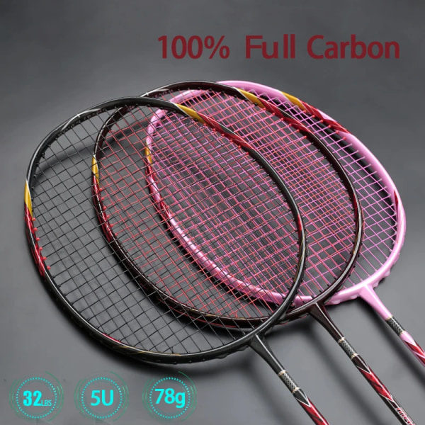 100% kol Ultralätt 5U offensiv badmintonracket Strung Elasticitet Bambu Hantverk 30-32lbs Träningsracketväska Sport Pink