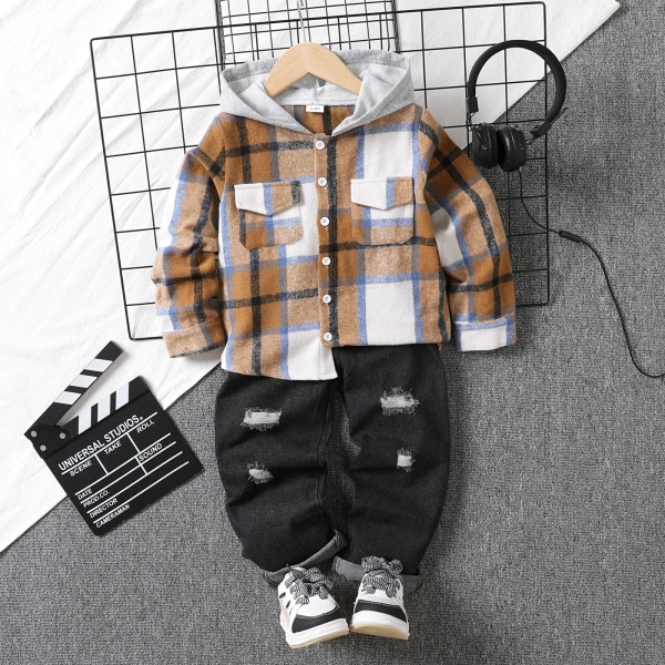 2st Kid Boy Denim Classic Pläd Hooded Set Brown 5-6Years