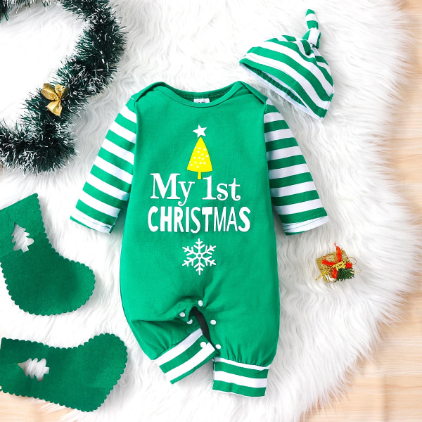 Juldräkt Nyfödd Baby Girl Kläder Nyfödda Bebisar Pojke Jumpsuit 95 % bomull Overaller med set Green 12-18Months