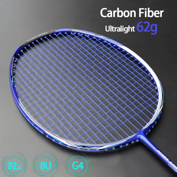 Carbon Fiber Super Light 8U 62g Strung Badminton Racket Max Tention 32LBS Professionell racket Offensiv typ Racket String Bag Blue