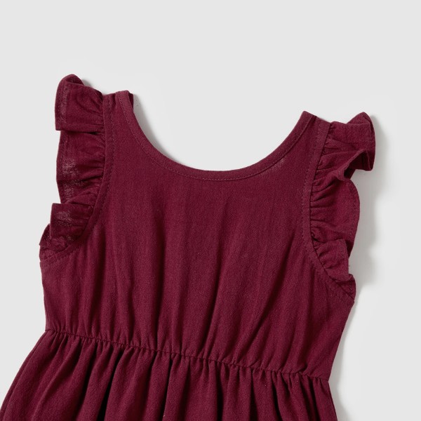 Familjematchande patchficka med kortärmad knäppningsklänning med bälte och randiga kortärmade T-shirts Burgundy Girl6-7Years