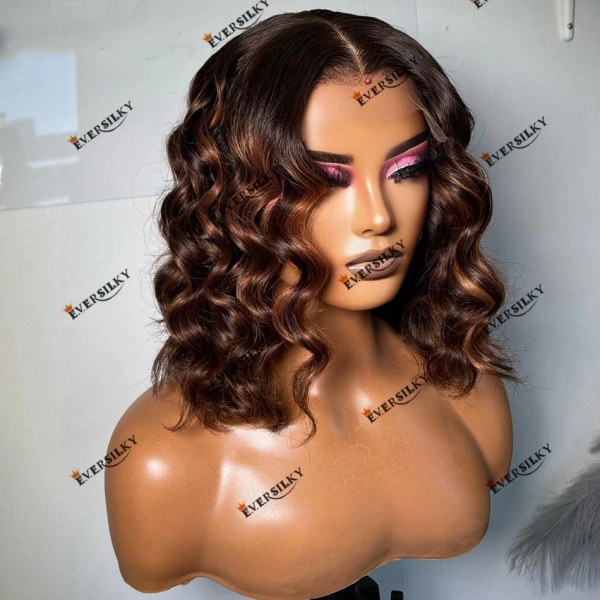 Deep Wave Caramel Highlight Brown Bob Frisyr Brasiliansk Remy Hair Spets Frontal Peruk för svarta kvinnor 180 Densitet 13x6 Spets 13X4 lace front wig 12inches