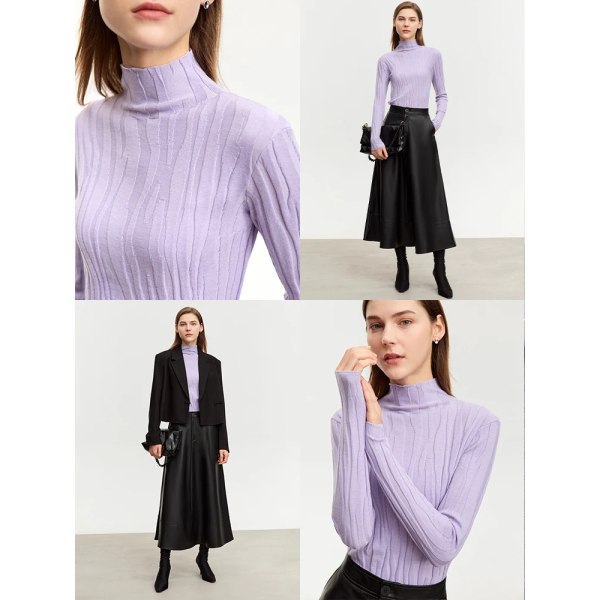 Minimalistisk 2023 Vinter Nya Tröjor För Dam Enkel Solid Mock Neck Art Oregelbunden Ull Hög Elastisk Slim Pullover 12324064 purple S