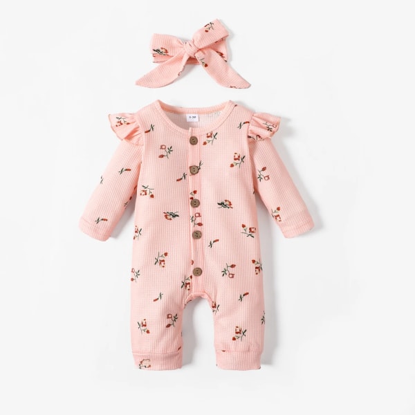 2st Baby Girl 95 % bomull Print blommönster med volang med knäppning Våffel Jumpsuit med set Beige 12-18 Months