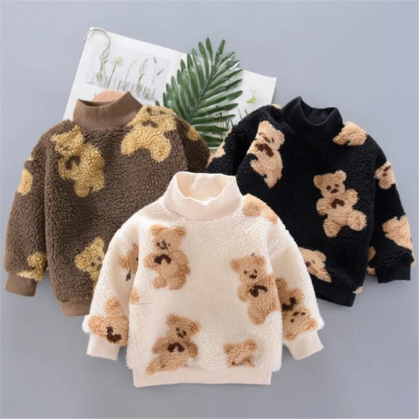Toddler flicka/pojke Björn Print Mock Neck Fuzzy Sweater Brown 3-4Years