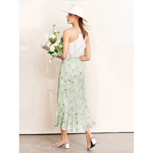Minimalism Kjolar för kvinnor 2023 Sommar Office Lady Fold Ny Elegant rakt printed blommig chiffong långa kjolar 12270463 green M