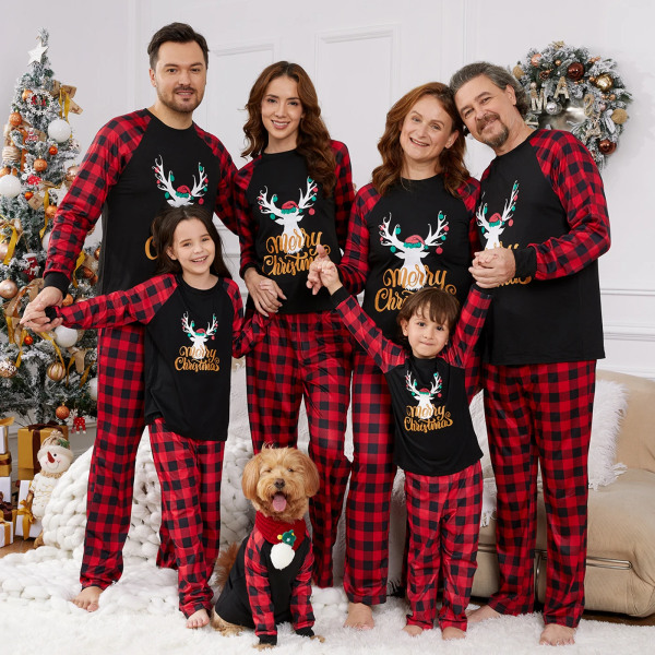 Familjematchande pyjamasset Merry Christmas Letter Antler Print Plaid Splash Pyjamasset för familjen (flammsäker) Grey Kids 10-11 Years