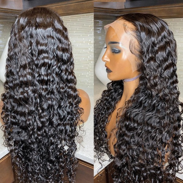 Brasiliansk Transparent 13x4 360 HD Frontal Peruk Vatten Lockig Spets Front Människohår Peruk Deep Wave Spets Frontal Peruk Förplockade 12inches 360 HD Frontal Wig