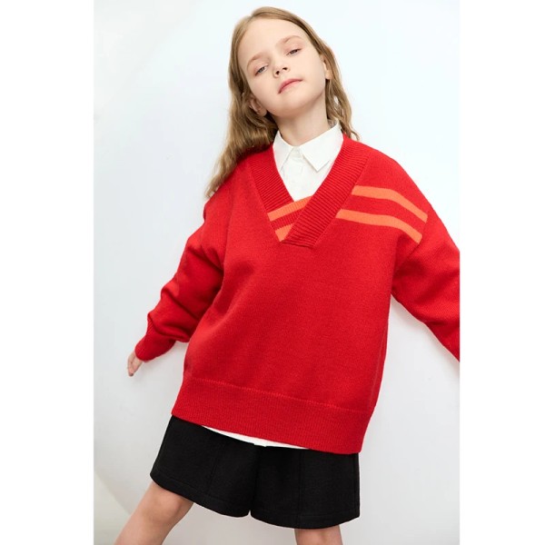 Barn Preppy Style Tröjor För Flickor 2023 Höst Ny V-ringad Pullover Färg Kontrast Barns Solida Stickade Toppar 22343010 red 155cm