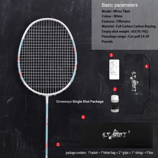 ALP BZ Series Full Carbon Fiber Offensiv Ultra Light 6U badmintonracket Ultralätt professionell 22-28LBS racket 1pcs White Gift Sit