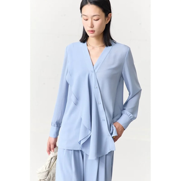 Minimalism Volanger Chiffong Damskjorta 2023 Sommar Ny V-hals Lös kontor Dam Elegant Långärmad Kvinnlig Blus 12342471 blue S