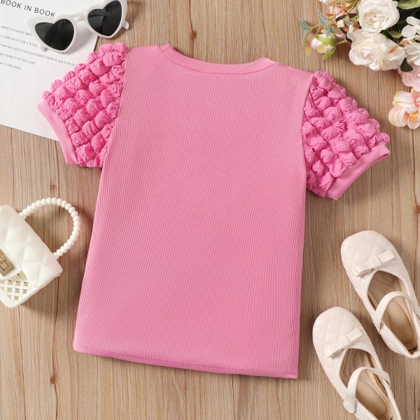 Kid Girl Textured Puff Sleeve Top Pink 9-10Years