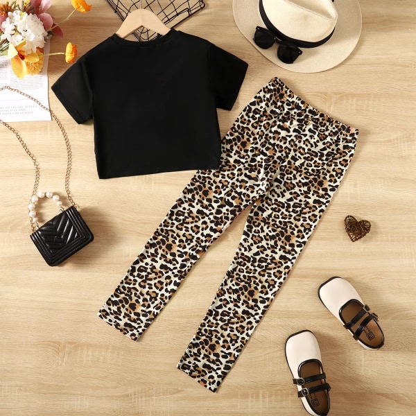 2st Kid Girl Leopard Print Twist Kortärmad T-shirt och byxor Set Black 11-12Years