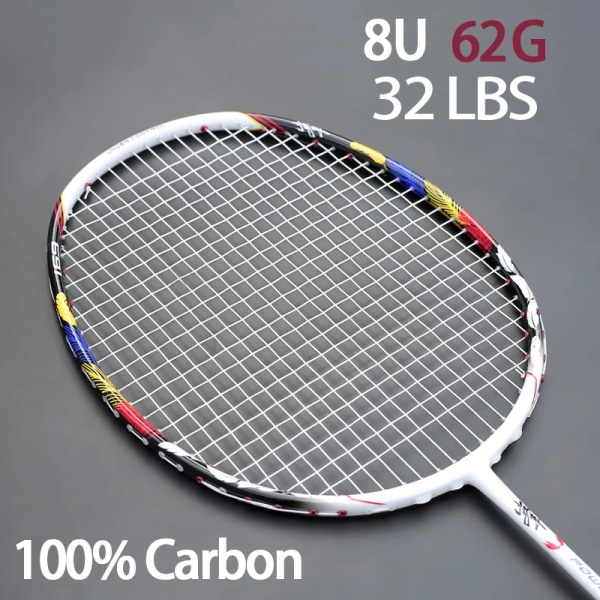 Print Carbon Fiber Super Light 8U 62g Badmintonracket G5 Max Tension 32LBS Racket Med Väskor Strängar Racket Sport WHITE
