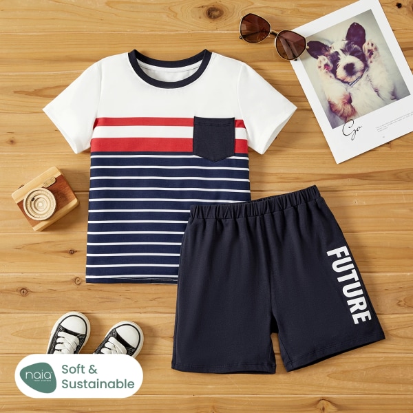 2st Toddler/Kid Pojke Stripe Design T-shirt och shorts Set Tibetanbluewhite Kids 9-10 Years