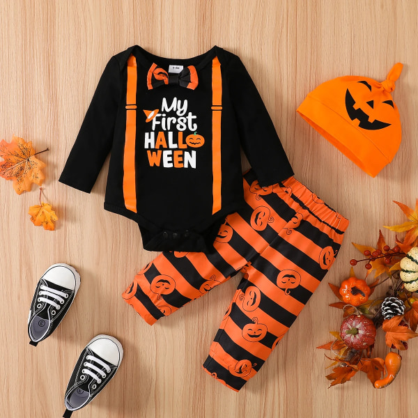 Halloween 3st Baby Boy/Flicka 95 % bomull Långärmad pumpa & print Romper och randiga byxor med hatt set Orange 9-12 Months