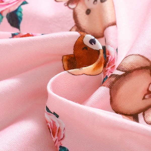 2st Baby Girl Faux-två Långärmad Allover print björntryck Rosa rosett Front Ruffle Trim Jumpsuit med Pannband Set Pink 0-3Months