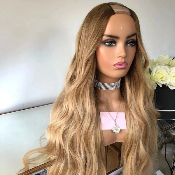 Ombre #4T27 Vågig peruk 1x4 U-del Människohår Peruker Blond Mellanöppet Uppåtriktad peruk för svarta kvinnor Brun 250 Densitet Remy Hair 1X4 U Part wig 22inches