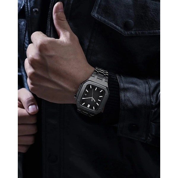 Set integrerad rem för Apple Watch 45 mm 44 mm avancerad metallmodifierad armbandsrem för iWatch 7 6 5 4 SE-bälte Correa Black Silver 4 nails For iWatch 45MM