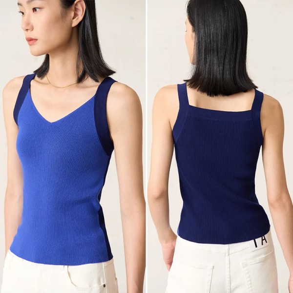 Minimalism Kvinnor Stickad Camisole&Vest V-hals 2023 Sommar Nya Kontrastfärger Casual Kvinnliga Toppar Damkläder 12322097 blue S