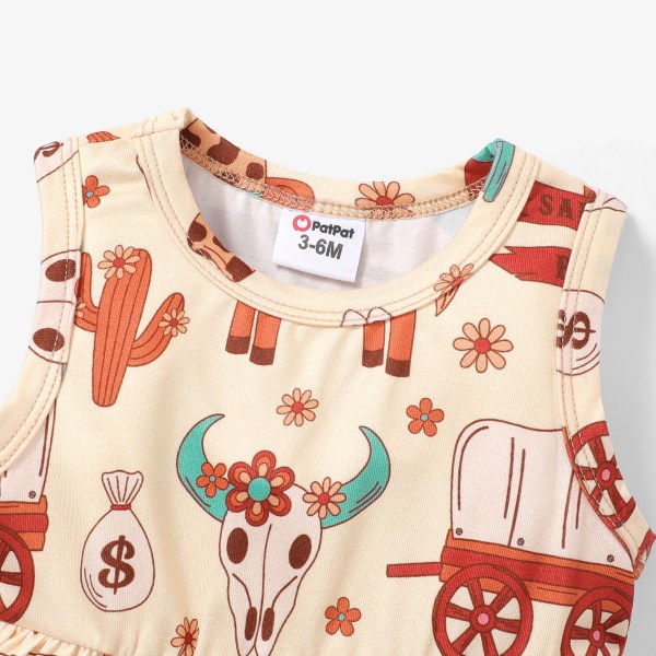 Animal Pattern Cowboy Tassel Suit Klänning, 2st, långärmad, för Baby Girl Brown 12-18Months