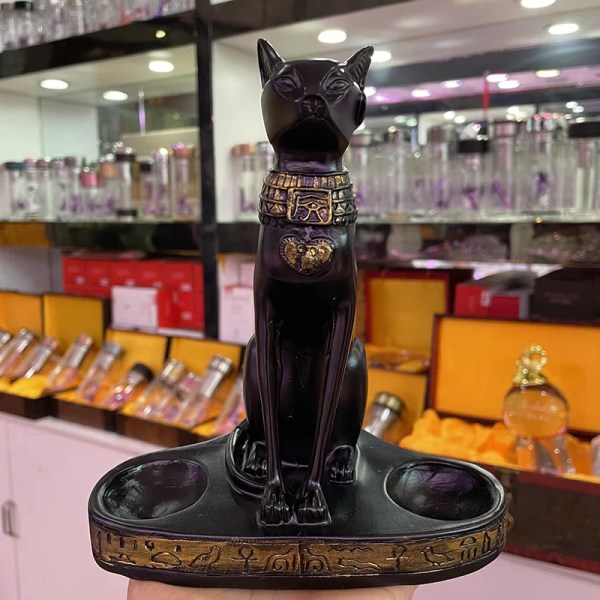 Forntida Egypten Anubis Gud Katt Staty Harts Carfts Ornament Crystal Ball Base Sphere Display Stand Lucky Cat FengShui Dekor Suit for 5-6cm ball