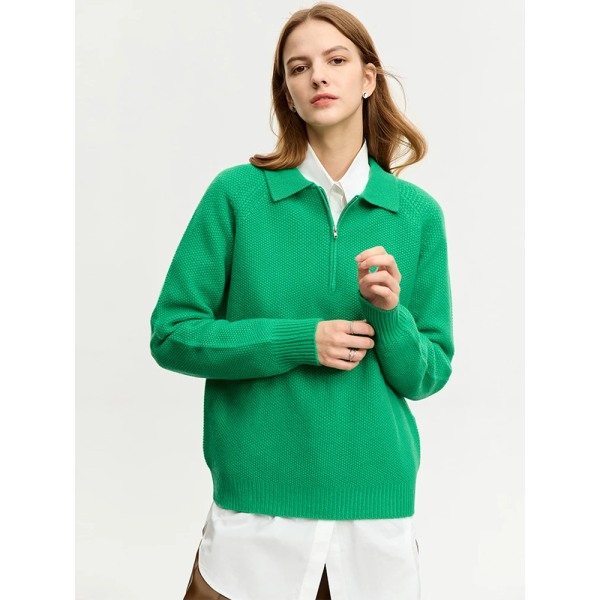 Minimalistisk stickad ylletröja Dam 2023 Vinter Ny Lös nedfällbar krage Dragkedja Halv Solid Cardigan Dam 12354042 green M