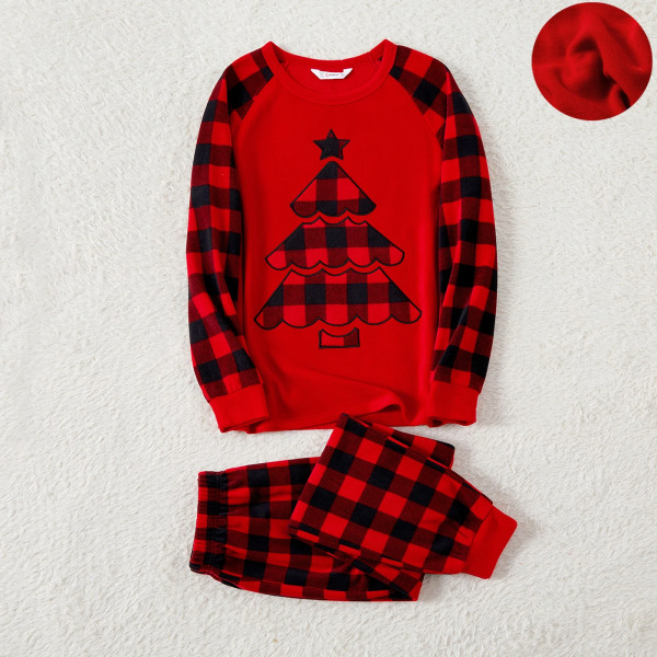 Julfamilj Matchande Xmas Tree Broderad Röd Pläd Raglan-ärm Förtjockad Polar Fleece Pyjamas Set redblack MenXXL