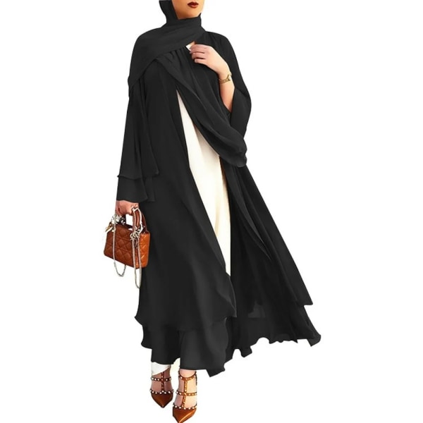 Ramadan Open Chiffong Abaya Dubai Kvinnor Sash Marocain Kaftan Eid Hijab Lång mantel Muslimsk mode Kläder Turkiet Vestido De Mujer Hijab-black L