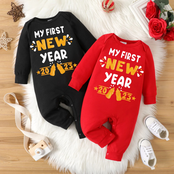 Nyår Nyfödd Baby Baby Jumpsuit Kläder Nyfödd Pojke Bodysuits i ett stycke Print Långärmad overall Red 0-3Months