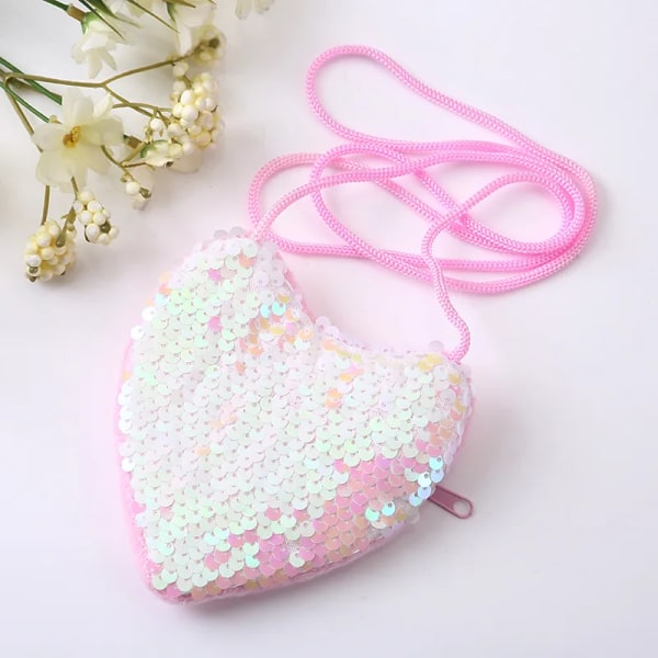 Prinsessan paljetter Hjärtformad baby Söt enfärgad barnväska för toddler Glänsande barnaxelhandväskor white