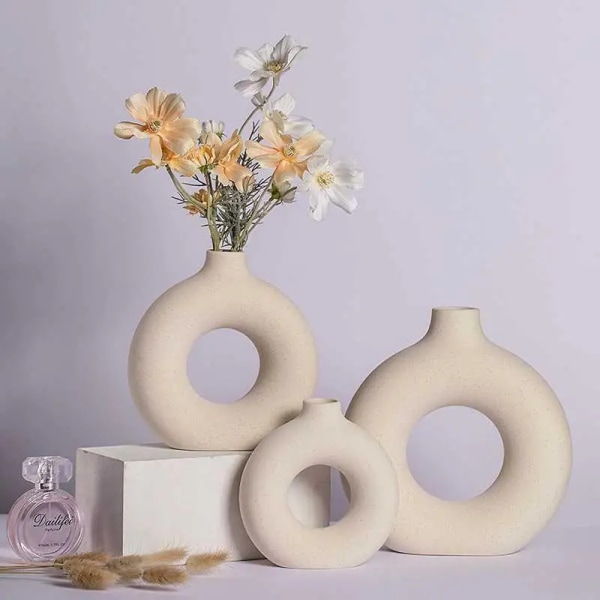 Vit keramikvas för Pampas gräs torkade blommor, Modern heminredning Rund vas, Boho Vaser Dekorativa bröllopssovrumsdekorationer M