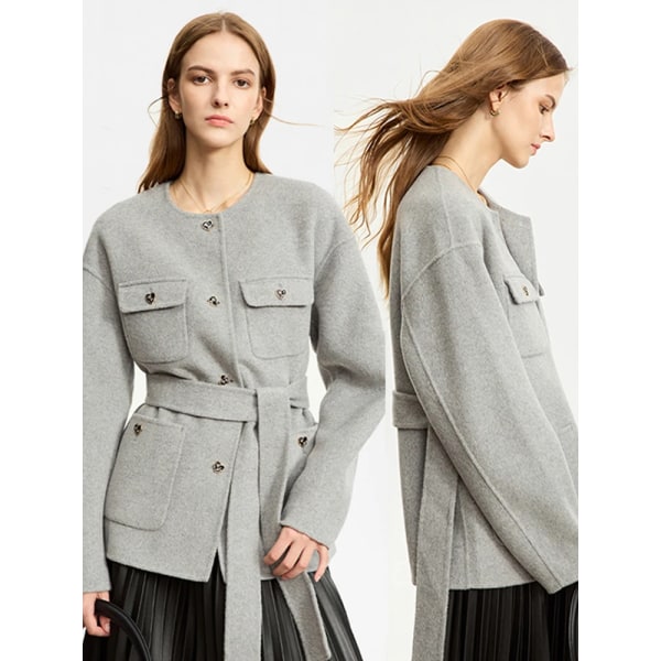 Minimalistisk liten doftande yllerock för kvinnor 2023 Vinter Ny Medium lång kappa Trendig crewneck med bältesblandningar 12364001 Light gray L