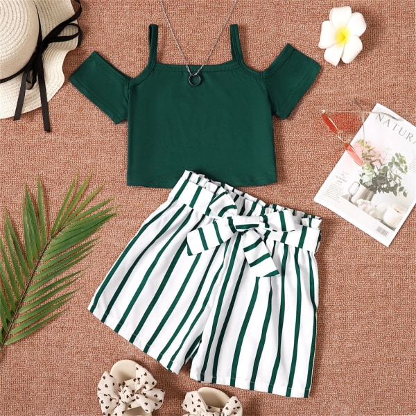 2st Kid Girl Cold Shoulder Camisole & bältade Stripe Shorts Set Green 6-7 Years