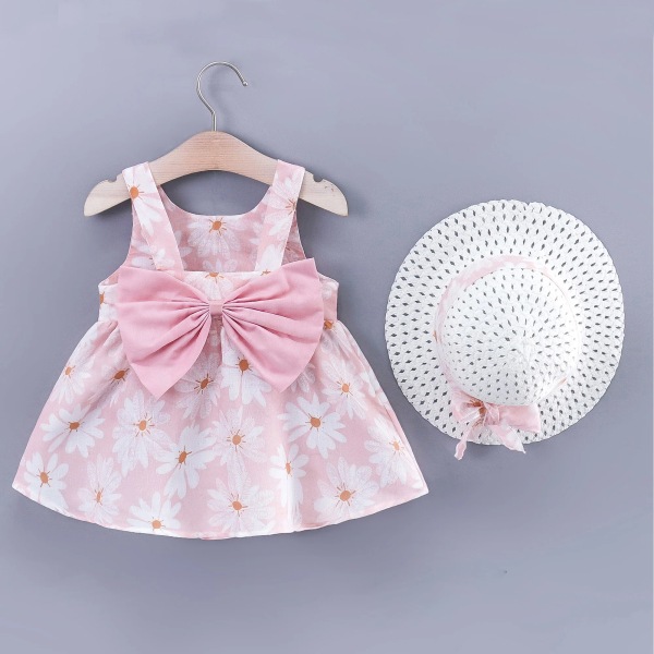 2st Baby Girl All Over Daisy Print Bowknot Ärmlös Tank Klänning med Hat Set Pink 18-24Months