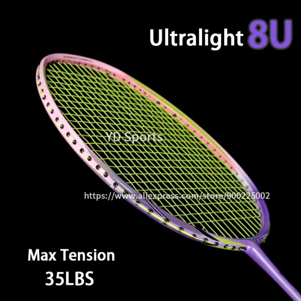 Högkvalitativ ultralätt 8U kolfiber badmintonracket Strung Offensiv Typ 22-30 LBS racket med strängar Väskor Sport Padel Pink
