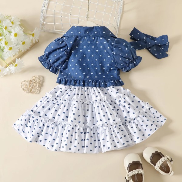 3 st Baby Girl 100 % bomull Heltäckande print Puff-ärm Denim Crop Top och Cami Dress & Pannband Set Blue 6-9Months