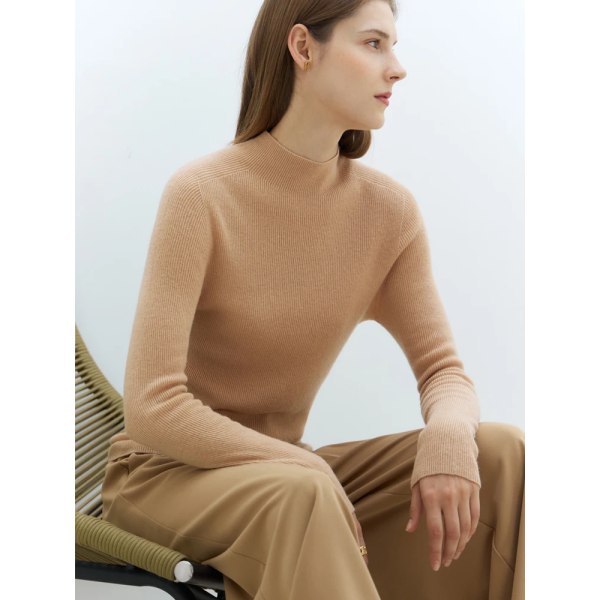 Minimalistiska stickade tröjor dam 2023 våren Turtleneck Elegant mode Slim Strecth Pullover Toppar 12371094 Beige M