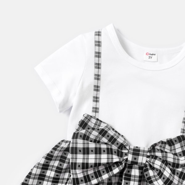 Toddler Girl Bowknot Design Pläd Splice Kortärmad Klänning BlackandWhite 4-5Years