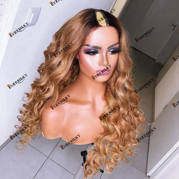 Naturligt människohår Ombre Blond U-del peruk Lösvåg brasiliansk Remy-hår 1X4 V-del maskintillverkad billig peruk för kvinnor Extension U Part wig 10inches