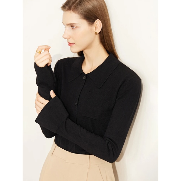 Minimalistisk ylletröja av skjorta för kvinnor 2023 Höst Ny Smal fransk Minimalistisk Cardigan med nedfällbar krage 12323179 black M