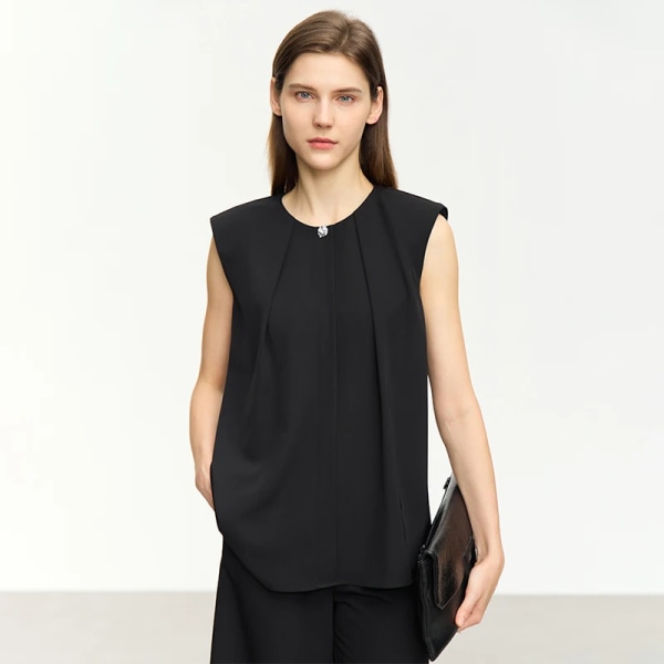 Minimalism 2023 Sommar Nytt O-hals ärmlösa franska kvinnliga skjortor & blusar Office Lady Chic Dam Toppar Kläder 12342613 black M