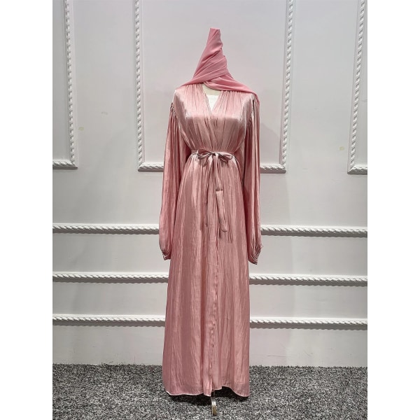 Eid Djellaba Abaya Dubai Glänsande mjuk manschett Ärmar Muslimsk klänning Silkeslen Kimono Dubai Turkiet Muslimsk klänning Islam Abayas Med Bälte WY56 Pink with Scarf S