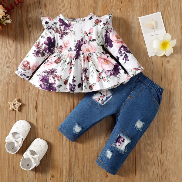 2st Baby Girl Allover Print Volanger Långärmad topp och 95 % bomull Ripped Jeans Set Purple 3-6Months