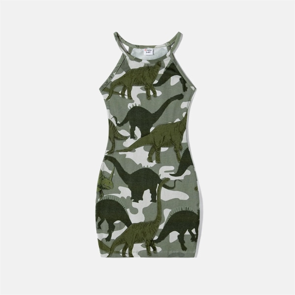 Matchande familjekläder Print kamouflage Halter Neck-klänningar och kortärmade t-shirts Familjelookset Armygreen Women M